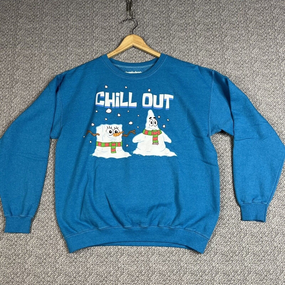 Spongebob Chill Out Women's Small Blue Sweatshirt Christmas Snowman Long Sleeve